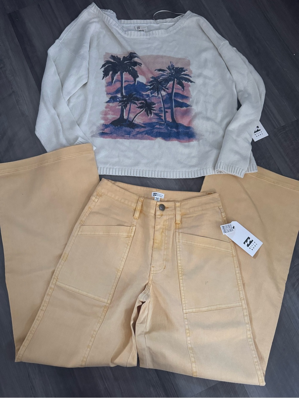 Billabong Women’s Cozy Palm Graphic Knit Sweater & soft yellow flare jeans